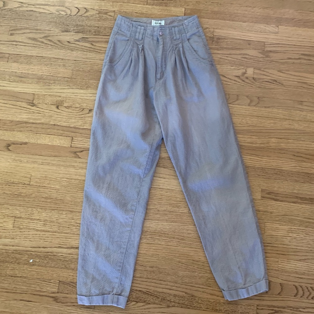 Vtg high-waisted cotton/ramie lt blue & dusky pink houndstooth pants by 62 East